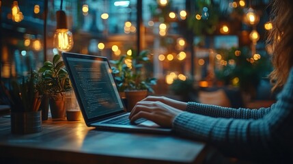 Woman coding on laptop in cafe at night.