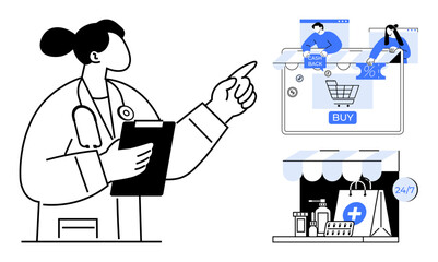 Healthcare professional pointing at online shopping cart with cashback, discount icons, and a storefront with medical supplies. Ideal for e-commerce, healthcare, telemedicine, digital marketing
