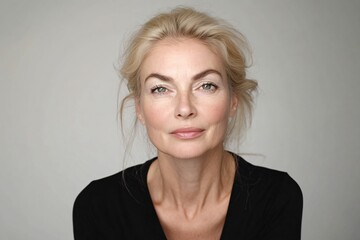 Beautiful gorgeous 50s mid aged mature woman looking at camera isolated on white. Mature old lady close up portrait. Healthy face skin care beauty, middle age skincare cosmetics, cosmetology concept