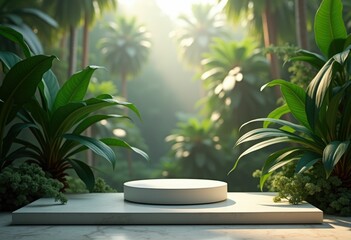 Obraz premium White podium in a lush green tropical jungle setting with sunlight shining through the foliage.