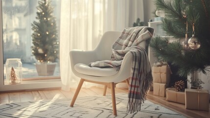 Cozy Scandinavian style Christmas corner with a white chair and festive decor
