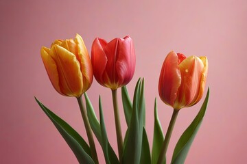 Obraz premium there are three tulips in a vase on a pink background
