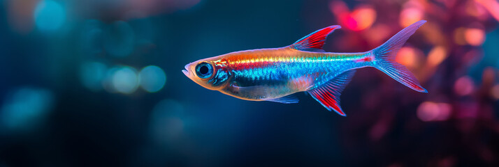 Fototapeta premium Neon tetra swimming in colorful aquarium
