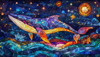 A vibrant mosaic artwork of a whale swimming through a starry ocean, featuring colorful tiles and cosmic elements.