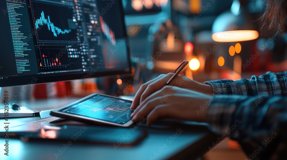 Poster person analyzing data on a tablet while working on a computer