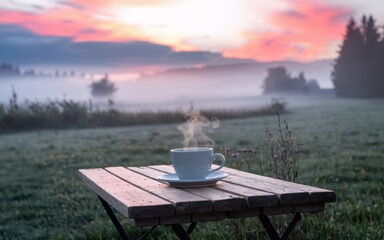 Fototapeta premium Coffee, Steaming coffee cup on wooden table at sunrise, foggy meadow.
