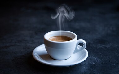 Fototapeta premium Coffee, Steaming espresso in a white cup on a dark surface.