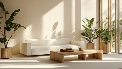 Fototapeta premium A minimalist living room featuring a white sofa a wooden coffee table and plants in natural wood pots The sunlight