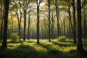 trees in a forest with sun shining through the leaves
