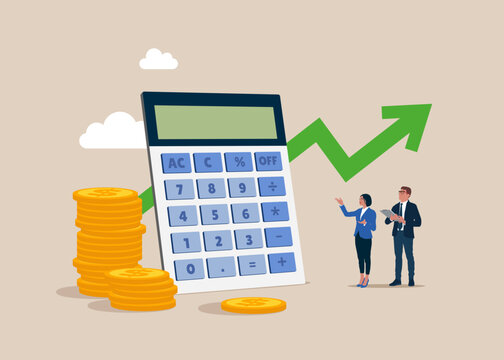 Financial management. Calculating financial risk planning, calculator with coins stack and arrow graph. Modern vector illustration in flat style