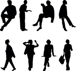 8 png silhouettes of people in sitting postures and standing	
