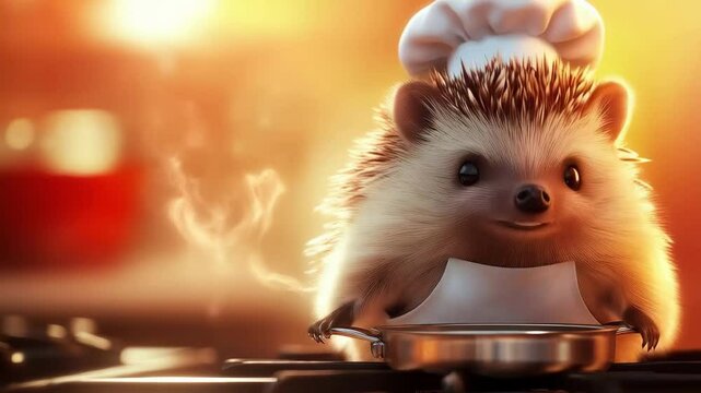 A hedgehog in a chefs hat cooks on a stove, adding a delightful touch to culinary creativity.