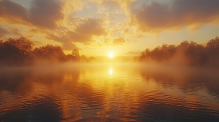 Obraz premium Sunrise over a misty lake with vibrant colors reflecting on the water surface