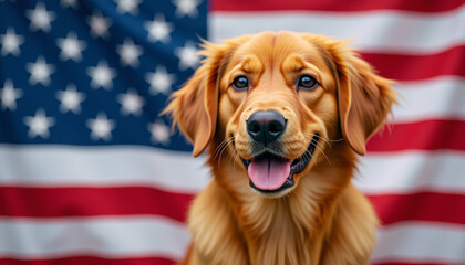 Golden Retriever in front of American Flag