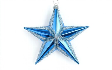 Fototapeta premium A shiny blue star-shaped ornament with silver sparkles hovering mid-air, on a bright white background