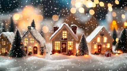 Fototapeta premium Charming miniature houses adorned with lights, nestled in snow, creating a magical winter wonderland scene.