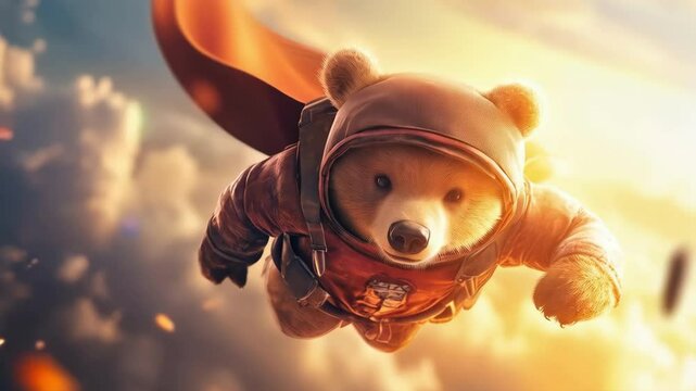 A daring bear cub in a superhero outfit soaring through the sky, embodying courage and adventure.