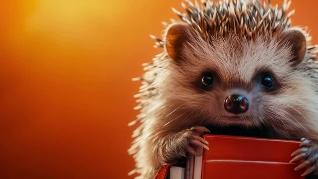 A small hedgehog holding a book, set against a warm orange background, looking curious and studious.