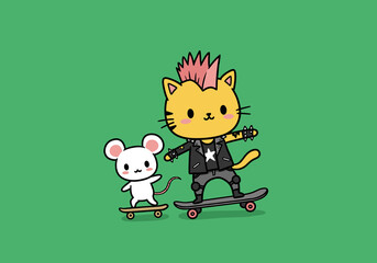 Fototapeta premium Punk rock costume cat with pink hair riding alongside mouse friend on a skateboard