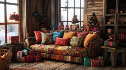 A cozy living room adorned for the holidays, featuring a colorful sofa and festive decorations.