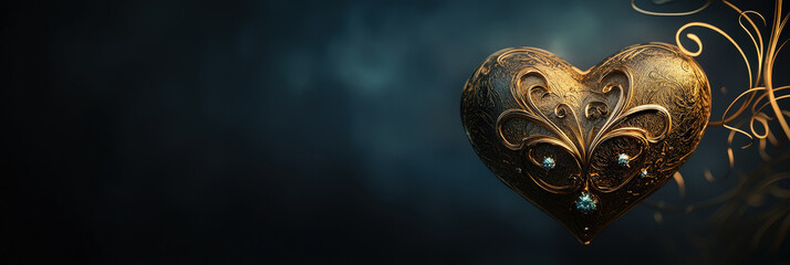 Golden heart on dark gray background evokes luxury and romance
