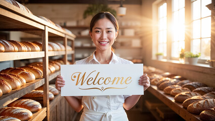 Young smiling woman in a bakery holding a sign saying welcome
