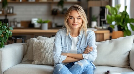 Woman with long blonde hair relaxes on a sofa in a cozy living area filled with greenery