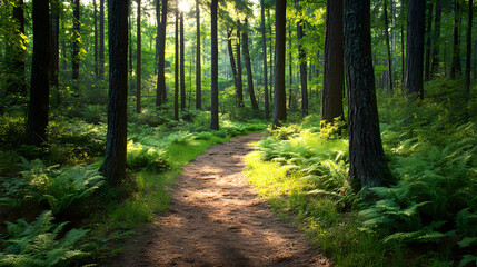 Fototapeta premium Serene forest clearing cedes to winding dirt path, sun-dappled trunks and ferns framing the auspicious beginning of an untrod journey. Dappled. Illustration