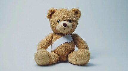Obraz premium A soft, fluffy bear with a fabric bandage across its belly, symbolizing care and comfort.
