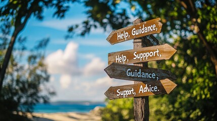 A wooden signpost with words of motivation, set against a serene beach background.