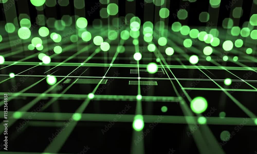 Poster abstract green network grid: illuminated nodes and connections in a digital space