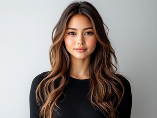 Fototapeta premium A young woman stands with a serene expression, showcasing her long hair and casual style
