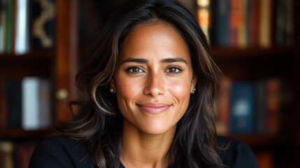 A woman with a warm smile sits in front of a bookshelf, radiating confidence and positivity