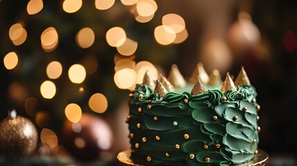 A festive green cake adorned with golden decorations, set against a backdrop of twinkling holiday lights.