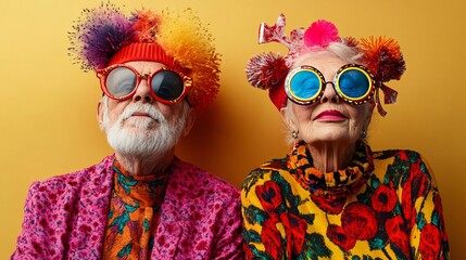 Two elderly individuals, a man and a woman, donning vibrant, colorful outfits and playful accessories against a bright yellow background.
