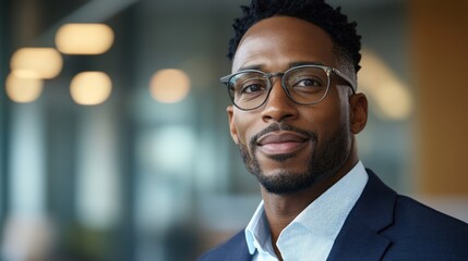 Fototapeta premium Man in professional attire smiles warmly while posing in a bright office space filled with natural light