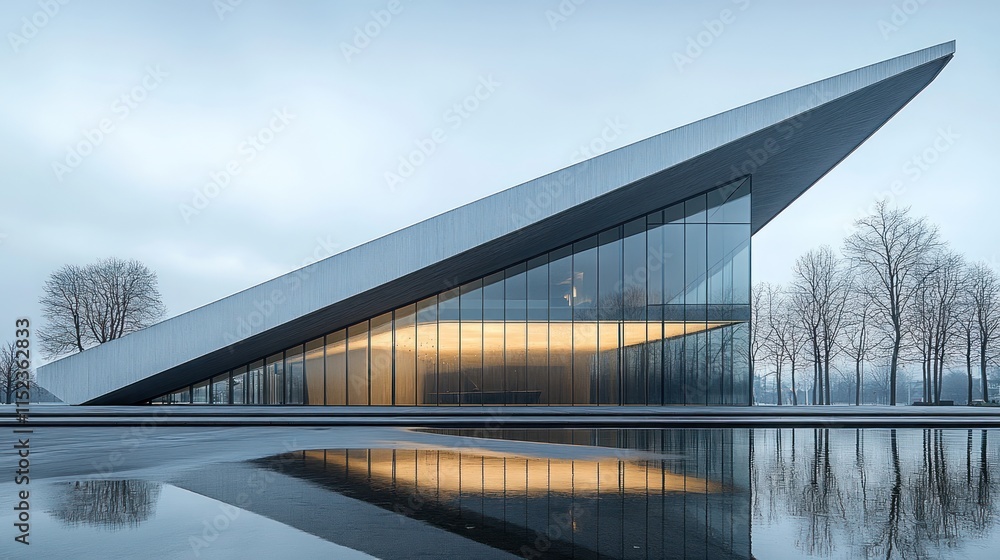 Poster modern architecture building reflecting in water at dusk.