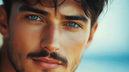 Close up of a young man with blue eyes and dark hair, enjoying a sunny day by the ocean