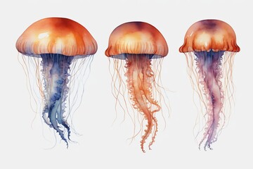 there are three jellyfishs that are painted in watercolor
