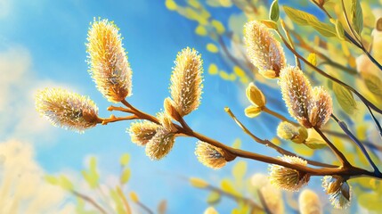 Fototapeta premium A close-up of fluffy golden blossoms on a branch against a vibrant blue sky, evoking the warmth of spring.
