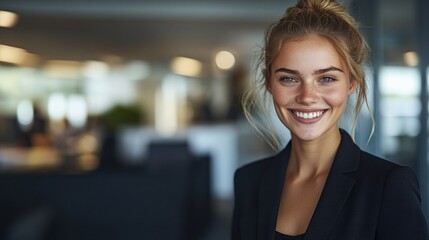 Young woman with blonde hair smiles warmly while standing in a contemporary office environment