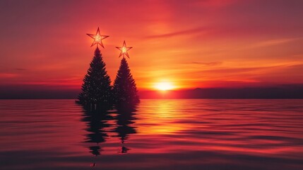two christmas trees in water with a sunset background