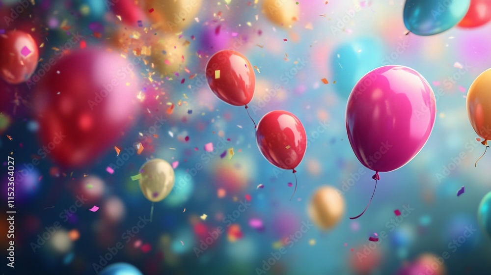 Poster colorful balloons of various shapes and sizes float against a festive background, creating a joyful 