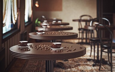 Obraz premium Coffee, Empty coffee shop tables with coffee beans.