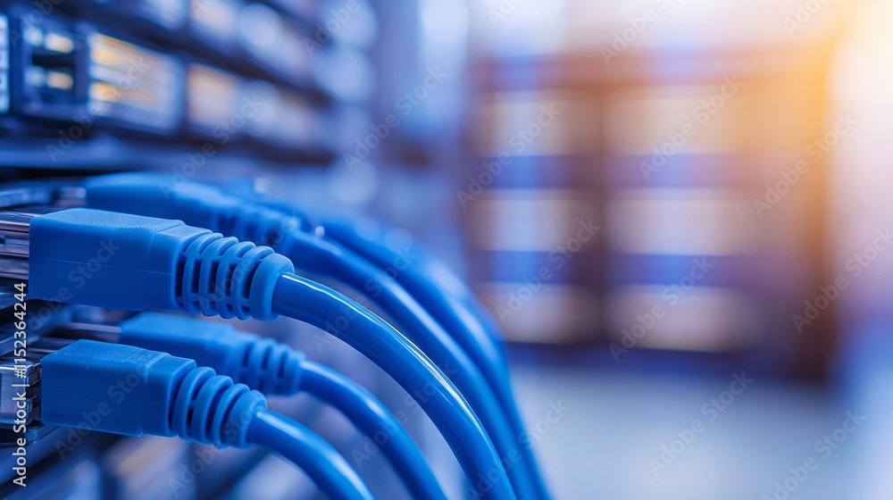 Poster blue network cables connected to server in data center