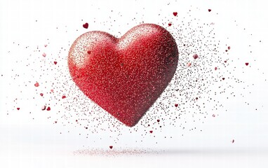 A glowing red heart surrounded by glittering particles, levitating mid-air on a white background for Valentines Day