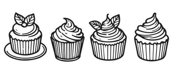 Engraved style, birthday cupcakes set with cream and berries for web, menu, posters, decoration. Hand drawn sketches of monochrome isolated on white background. Detailed vintage style