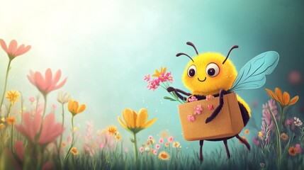 A cheerful cartoon bee gathering flowers in a colorful meadow, conveying joy and freshness.