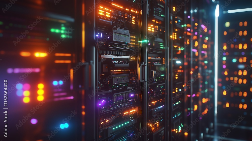 Poster server room blinking lights showing internet connectivity and data processing