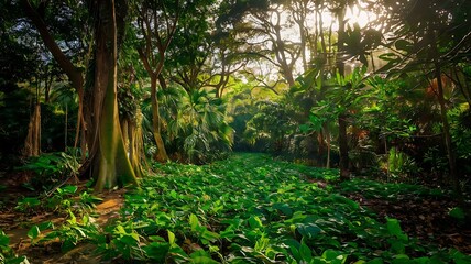 Sunlight filtering through a lush tropical forest